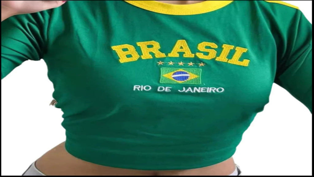 BRASIL Brazil Vintage Color Block Crop Top, Embroidered Short/Long Sleeve Y2K Baby Tee